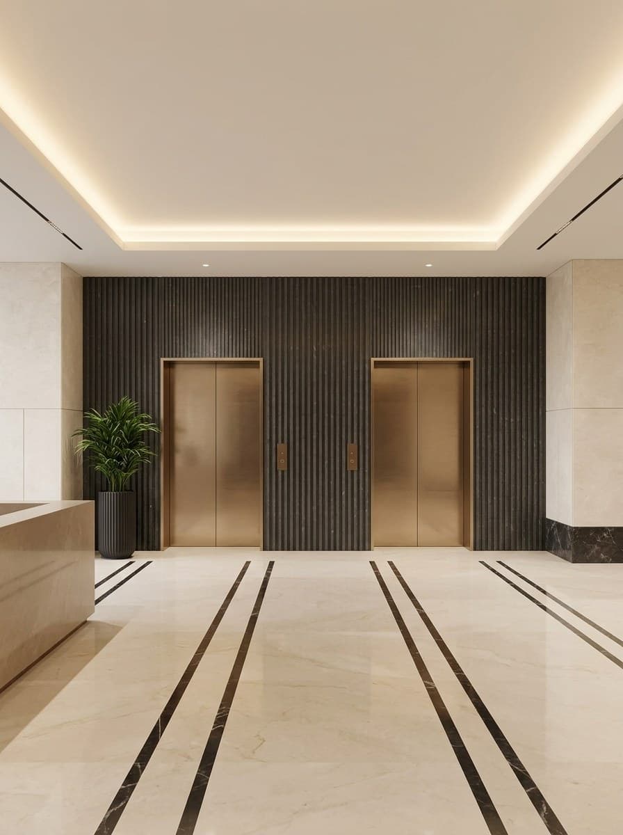 Proposed ground-floor lift lobby at JDKD Corporate Tower, A-11: two bronze elevator doors in a fluted dark stone wall over a cream marble floor.