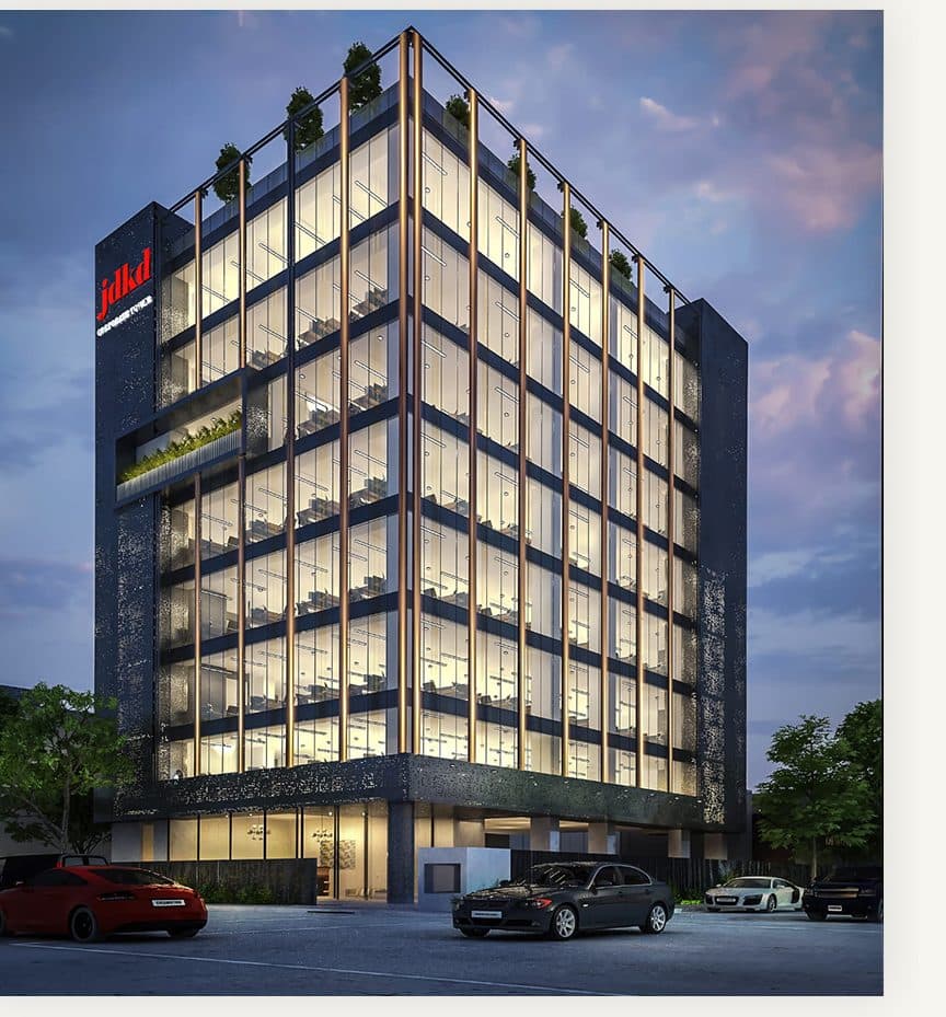 Architectural render of the full elevation of JDKD Corporate Tower at blue hour.